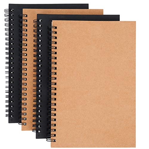 Notizblock A5 Spirale Notizbuch Blanko Skizzenblock Kraftpapier Einband Schreibblock Zeichenblock 100 Seiten/50 Blatt für Reisen Schule und Büro 21 x 14 cm, 4 Packungen (Braun und Schwarz) von ISIYINER