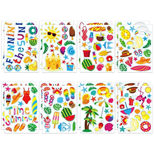 ISOI 16 Blatt Aufkleber Kinder Sticker Set, Sticker Kinder für Sommerdekoration, Lustige Aufkleber Sticker Einschulung Geschenk mit Strandmotiven Urlaub, Strand, Meer für Collagen und Bastelarbeiten von ISOI