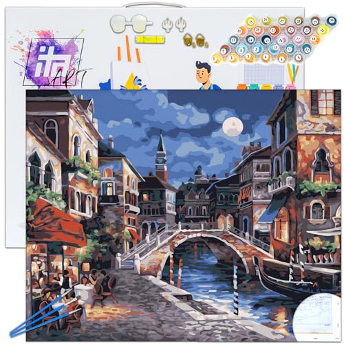 ITA ART Malen nach Zahlen Komplett Set mit Keilrahmen, Acrylfarben, Pinseln, Zubehör, Geschenkbox - DIY Gemälde Bastelset Kit mit Leinwand für Erwachsene, 30x40 cm, Die Lichter von Venedig von ITA