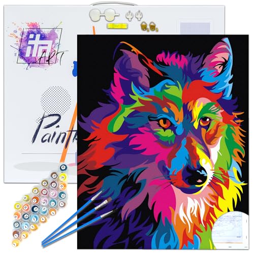 ITA ART Malen nach Zahlen Komplett Set mit Keilrahmen, Acrylfarben, Pinseln, Zubehör, Geschenkbox - DIY Gemälde Bastelset Kit mit Leinwand für Erwachsene, 30x40 cm, Pop-Art Wolf von ITA