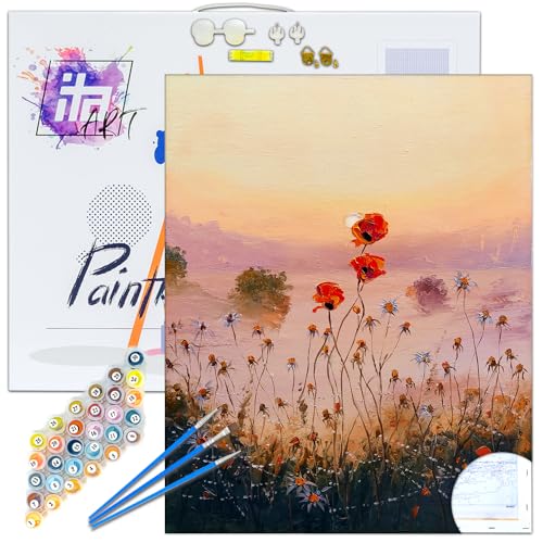 ITA ART Malen nach Zahlen Komplett Set mit Keilrahmen, Acrylfarben, Pinseln, Zubehör, Geschenkbox - DIY Gemälde Bastelset Kit mit Leinwand für Erwachsene, 40x50 cm, Mohnblumen von ITA