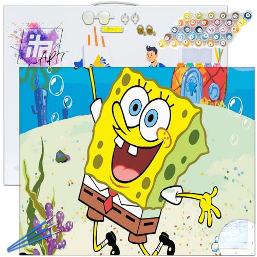 ITA ART Malen nach Zahlen Komplett Set mit Keilrahmen, Acrylfarben, Pinseln, Zubehör, Geschenkbox - DIY Gemälde Bastelset Kit mit Leinwand für Erwachsene, 40x50 cm, SpongeBob von ITA