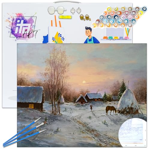 ITA ART Malen nach Zahlen Komplett Set mit Keilrahmen, Acrylfarben, Pinseln, Zubehör, Geschenkbox - DIY Gemälde Bastelset Kit mit Leinwand für Erwachsene, 40x50 cm, Wintermorgen von ITA