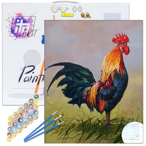 ITA Art Malen nach Zahlen Komplett Set mit Keilrahmen, Acrylfarben, Pinseln, Zubehör, Geschenkbox - DIY Gemälde Bastelset Kit mit Leinwand für Erwachsene, 30x40 cm, Hahn von ITA