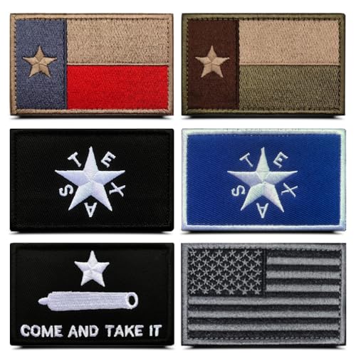 Aufnäher, Motiv: Texas-Flagge, amerikanische Texas-Aufnäher für Westen, Jacken, Mützen und Rucksäcke, 8 cm, bestickte TX Lone Star Patches + Come and Take it Abzeichen, 6 Stück von ITOMUFD