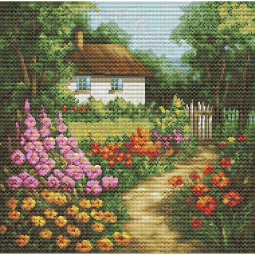 ITSTITCH Gestempeltes Kreuzstich-Set – komplettes Stickset für Anfänger oder Erwachsene, 14 CT, 2 Stränge, zum Selbermachen, Gartenhaus, Muster, gezähltes Kunsthandwerk, 41 x 41 cm von ITSTITCH