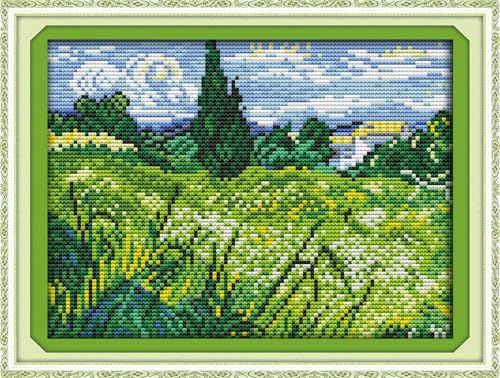 IUHUI 14ct Kreuzstich Set Vorgedruckt für Anfänger Erwachsene, Das Feld von Van Gogh DIY Kreuzstich Stickpackungen Stickerei Stoff Vorlagen von IUHUI