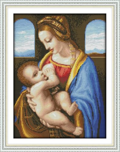 IUHUI 14ct Kreuzstich Set Vorgedruckt für Anfänger Erwachsene, Die Madonna Litta von Leonardo da Vinci DIY Kreuzstich Stickpackungen Stickerei Stoff Vorlagen von IUHUI