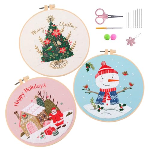 IUHUI Sticksets für Anfänger und Erwachsene, 3 Stück, Weihnachtskombination, einfache Muster, DIY Handnähen, Stickerei, 3 Sets mit Reifen (Weihnachtskombination eins) von IUHUI