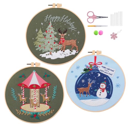 IUHUI Sticksets für Anfänger und Erwachsene, 3 Stück, Weihnachtskombination, einfache Muster, DIY Handnähen, Stickerei, 3 Sets mit Reifen (Weihnachtskombination zwei) von IUHUI