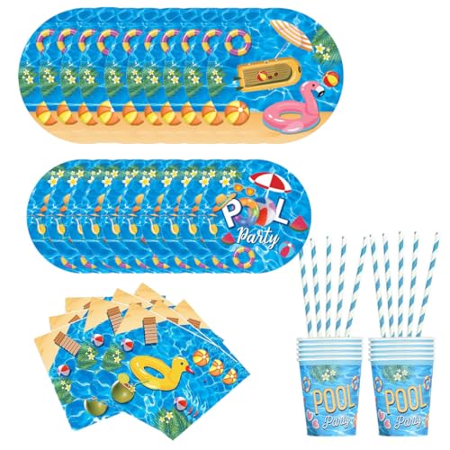 60pcs Swim Ring Strand Geburtstag Party Dinner Teller,Pool Party Geschirr Set,Pool Geburtstag Party Dekorationen,Hawaiian Party Geschirr Set,Pool Party Zubehör Teller,Tassen,Servietten,Stroh von IUKUNNE