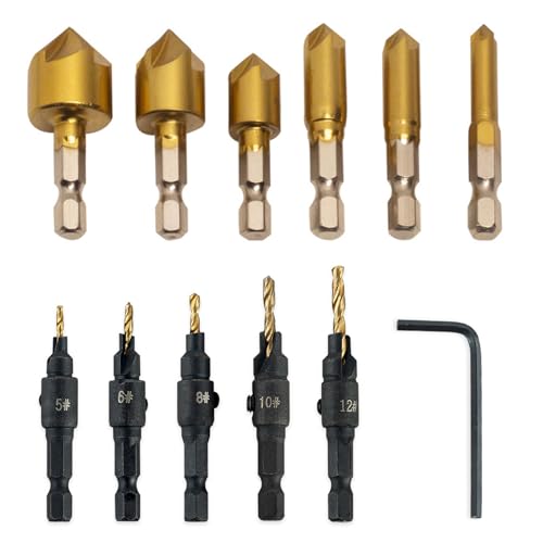 IUSOT 11PCS Senker Bohrer Set Für Holzbearbeitung 5 Tlg Bohrer Mit Senker Aufstecksenker 6 Stück HSS Fasensenker 1/4" Sechskantschaft 90 Grad 6-19 mm Holzfasenschneider HSS Spiralbohrer von IUSOT