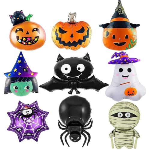 Halloween Folienballon Party Deko Balloons - 9 Stück XXL Halloween Folienballon Kürbis Hexe Geist Fledermaus Spinnweben Elemente, für Halloween Party Decorations Kinder von IVEOPPE