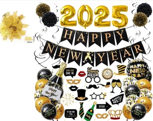 Silvester Deko 2025, Happy New Year Deko Set, 2025 Neues Jahr Luftballons Partydekorationen,Silvesterpartydeko Accessoire für Silvesterparty von IVEOPPE