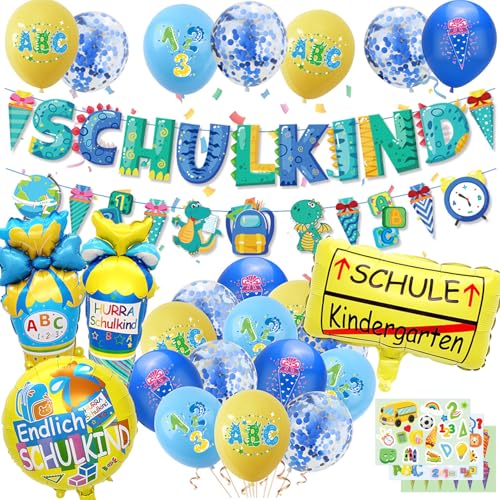 Schulkind Schulanfang Einschulung Deko Junge - SCHULKIND Banner + Zuckertüte Banner + 22 Luftballon + 5 Folienballon + 3 Aufkleber (Blau) von IVEOPPE