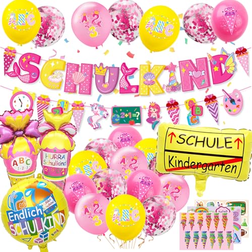 Schulkind Schulanfang Einschulung Deko Mädchen - SCHULKIND Banner + Zuckertüte Banner + 22 Luftballon + 5 Folienballon + 3 Aufkleber (Rosa) von IVEOPPE