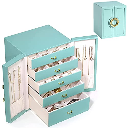 Schmuckschatulle,Schmuckkasten Groß,Fünf Ebenen Doppeltür Schmuckbox Aufbewahrungskoffer,Jewelry Box für Ohrringe,Halsketten,Armbänder,Ringe,Uhren,Schmuckhalter,Blau von IVODEELA