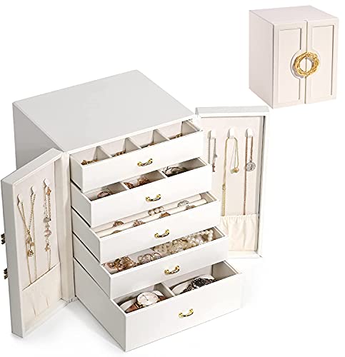 Schmuckschatulle,Schmuckkasten Groß,Fünf Ebenen Doppeltür Schmuckbox Aufbewahrungskoffer,Jewelry Box für Ohrringe,Halsketten,Armbänder,Ringe,Uhren,Schmuckhalter,weiß von IVODEELA