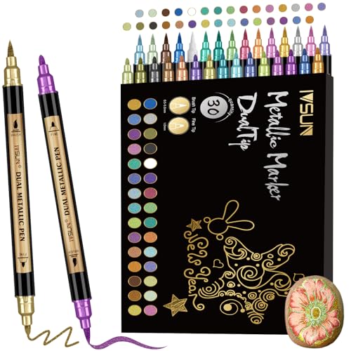 IVSUN Metallic Marker Stifte Set, 30 Dual tip Metallic Acrylstifte Wasserfest für Fotoalbum Gästebuch Hochzeit Scrapbook Schwarzes Papier Gold Stift zum Bemalen Steine Glas Holz Deko Ostereier Ostern von IVSUN