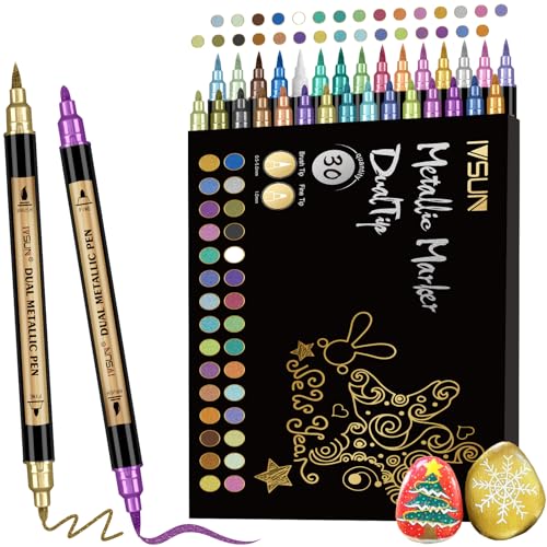 IVSUN Metallic Marker Stifte Set, 30 Dual tip Metallic Acrylstifte Wasserfest für Fotoalbum Gästebuch Hochzeit Scrapbook Schwarzes Papier Gold Stift zum Bemalen Steine Glas Holz Deko Ostereier Ostern von IVSUN