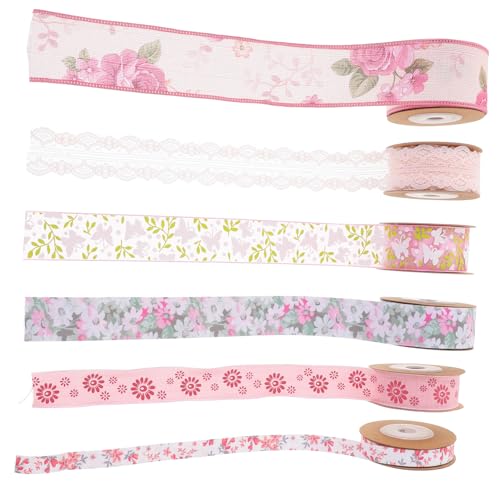 IWOWHERO 6 Rollen Schleife Blumen Girlande Dekorationen Bänder Streamer Strasssteine Sackleinen Seidenband Gestaltetes Geschenkband Praktisches Geschenkband Mehrzweck-geschenkband Polyester von IWOWHERO