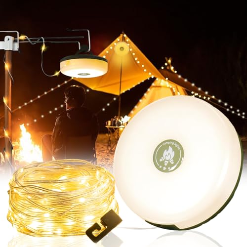 IWTBNOA Camping Lichterkette Aufrollbar, 10M Wasserdichte Tragbare LED Lichterkette mit 8 Beleuchtungsmodi, 2 in 1 LED Camping Laterne, USB Wiederaufladbare Campinglampe für Camping Zelt Wandern Hof von IWTBNOA