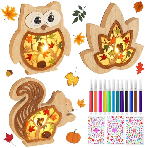 IWTBNOA Herbst Deko Leuchten aus Holz, 3D LED-Stimmungsleuchten Herbst, Herbst Holz Ornament, Eule Eichhörnchen Herbstblätter Herbstdeko LED Herbstblätter, Geschenk für Thanksgiving Erntedank von IWTBNOA