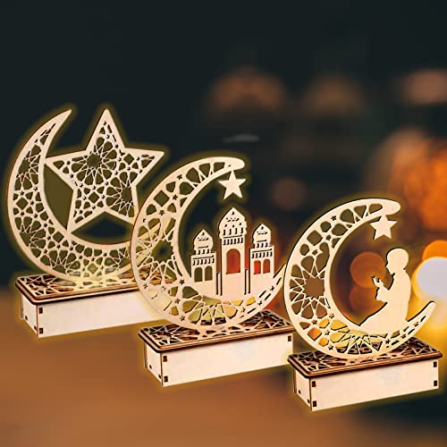 IWTBNOA Holz Eid Mubarak Tischdekoration, 3 Stück Ramadan Holz Lichter Dekoation, Mubarak Ramadan Led Diy Lampen, Ramadan Mond Nachtlicht für Zuhause, Büro, Ramadan Dekoration, Eid Mubarak Geschenke von IWTBNOA