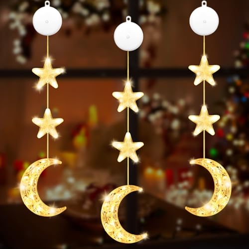 IWTBNOA LED Ramadan Licht, 3 Stück Stern Mond Lichterketten, LED Ramadan Deko Lichterkette Fenster mit Saugnapf, Eid Mubarak Dekoration Beleuchtung Betriebene für Innen Zimmer Balkon, Warmweiß von IWTBNOA