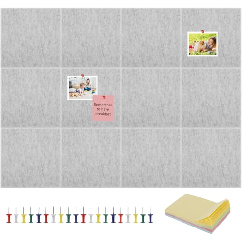 12 STK Filz Pinnwand, Pinnwand Groß Selbstklebend, 30x30cm Filz Pinnwand Selbstklebend mit 20*Pinnnadeln und 1*Haftnotiz, Filztafel, Korkwand Wanddekoration für Büro Küche Schule (Grau) von IXTIX