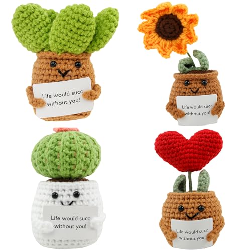 IXTIX 4pcs Positive Geschenke, Lustige Mini-Plüschpuppen, Häkelpuppen, Kreative Gestrickte Wollkartoffelpuppen für Abschlussgeschenke, Abschiedsgeschenke für Kollegen Die Beste Freundin (Topfpflanze) von IXTIX