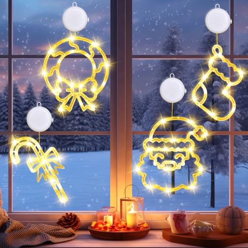 4 Stück Weihnachtsdeko Fensterlichter,LED Kränze, Strumpf, Santa, Zuckerstangen Weihnachtsbeleuchtung Weihnachten Indoor Fenster Licht mit Saugnäpfen LED Weihnachtsdeko Innen für Weihnachtsdekoration von IXYHKB