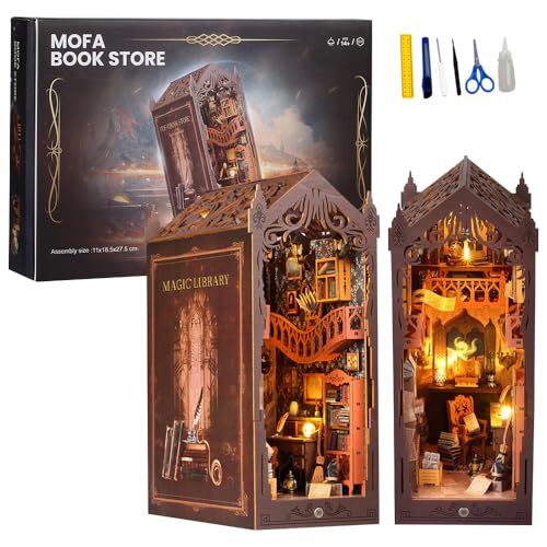 Book Nook DIY Kit, Buchecken Puppenhäuser Miniatur Haus Bücherständer Kit mit Möbeln und LED-Licht, 3D Puzzle Booknook Buchstütze aus Holz, Bücherständerfür Basteln Erwachsene zum Bauen von IXYHKB