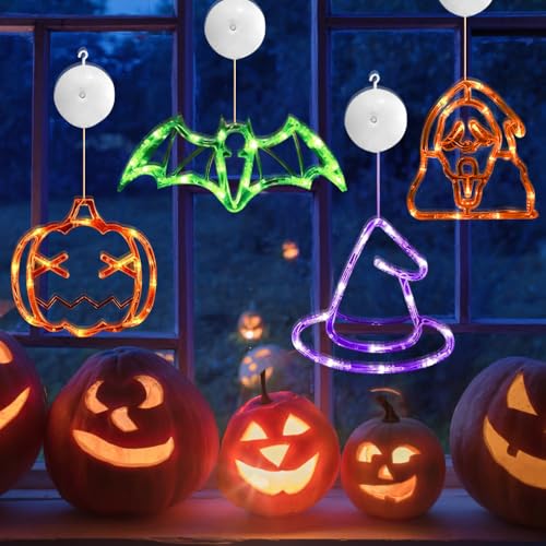 IXYHKB Halloween Fenster Lichter, 4 Pcs Halloween Fensterlichter mit Saugnapf, Halloween Dekorationen Fenster Lichter, Batteriebetrieben Halloween Lichter, Halloween Deko Licht für Innenbeleuchtung von IXYHKB