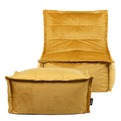 Icon Dolce Sitzsack Sessel mit Hocker für Erwachsene, Gelb, Flauschiger Samtstoff, Riesen Sitzsack Samt mit Füllung, Bean Bag Chair, Bequemer Sessel Wohnzimmer, Lounge, Schlafzimmer, Büro von Icon