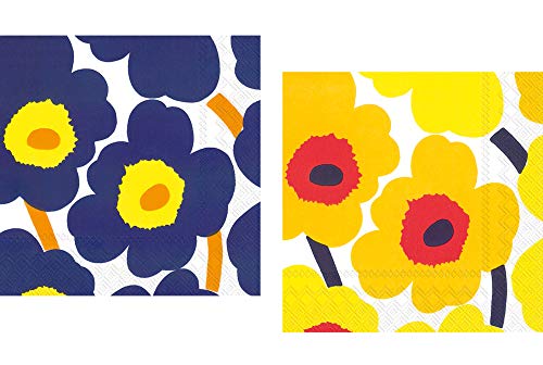 Ideal Home Range Marimekko Unikko Cocktail-Servietten, 3-lagig, 20 Stück Unikko dunkelblau und 20 Stück Unikko dunkelgelb von Ideal Home Range