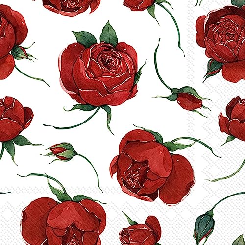 Rosella Party-Servietten, 40 Stück, 2 Packungen mit 20 CT Cocktail-Servietten, rote Rosen auf Weiß, 12,7 x 12,7 cm, 3-lagig, ungiftige Farbstoffe von Ideal Home Range