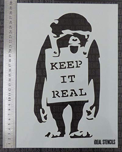 Schablone, Motiv: Banksy Monkey Keep It Real, A4 Blattgröße (Design B x H 14 x 26 cm), Heimdekoration Kunst Malerei Schablone von Ideal Stencils