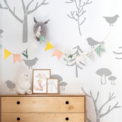 Skurriles Wandbild-Schablonen-Set, Waldbaum-Silhouette, Pilze und Vögel, Kinderzimmer, Kinderzimmer, Outdoor-Thema für jeden Raum von Ideal Stencils