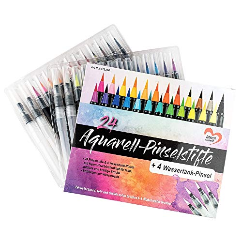 Ideen mit Herz 24 Aquarell-Pinselstifte & 4 Wassertank-Pinsel mit Nylon-Haarbürstenkopf | Brush Pen Set | auf Wasserbasis | ideal für Handlettering, Kalligraphie, Malen, Zeichnen von Ideen mit Herz