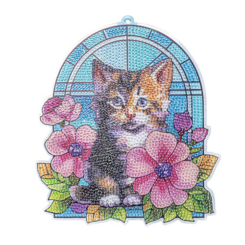 Ideen mit Herz Diamond-Painting-Fensterbild | Glaskunst-Optik | Dekoration & DIY | Material: PET (Katze mit Blumen) von Ideen mit Herz