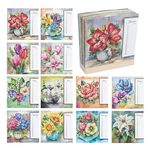 Ideen mit Herz Diamond-Painting-Kalender | zum Aufstellen | 21 x 21 cm | für Kalenderjahr 2024 & 2025 | inkl. Diamond Painting Zubehör und Holzständer (Blumen) von Ideen mit Herz