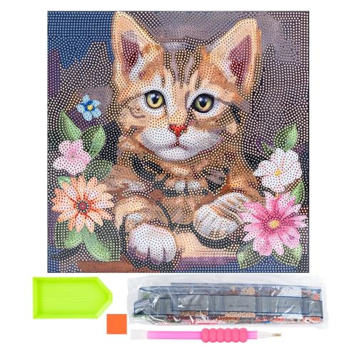 Ideen mit Herz Diamond-Painting-Motivleinwand auf Keilrahmen | 30 cm x 30 cm | Set inkl. Werkzeug (Katze mit Blumen) von Ideen mit Herz