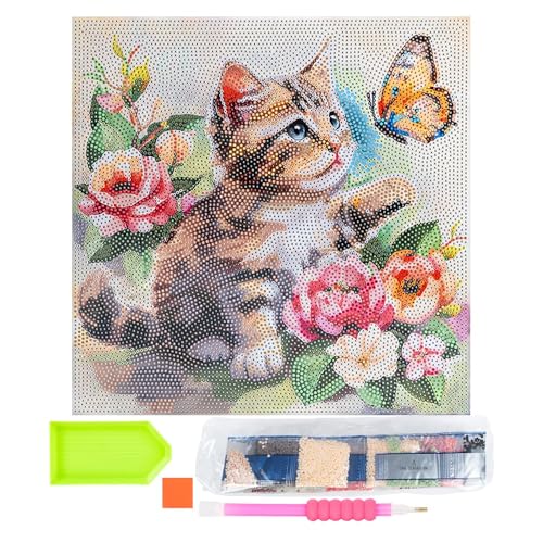 Ideen mit Herz Diamond-Painting-Motivleinwand auf Keilrahmen | 30 cm x 30 cm | Set inkl. Werkzeug (Katze mit Schmetterling) von Ideen mit Herz