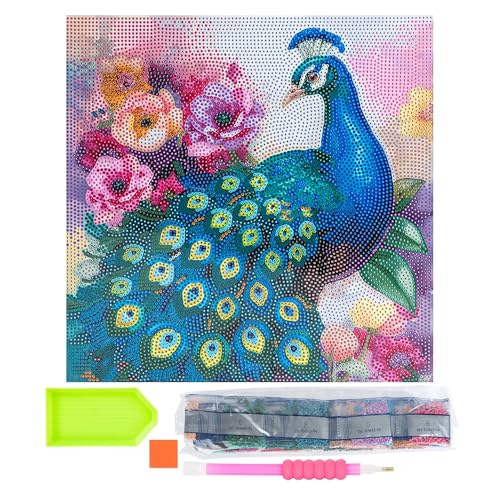 Ideen mit Herz Diamond-Painting-Motivleinwand auf Keilrahmen | 30 cm x 30 cm | Set inkl. Werkzeug (Pfau) von Ideen mit Herz