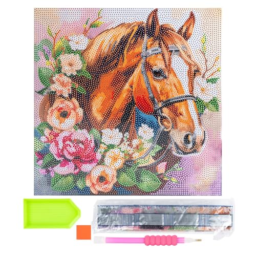 Ideen mit Herz Diamond-Painting-Motivleinwand auf Keilrahmen | 30 cm x 30 cm | Set inkl. Werkzeug (Pferd mit Blumen) von Ideen mit Herz