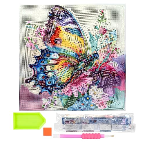 Ideen mit Herz Diamond-Painting-Motivleinwand auf Keilrahmen | 30 cm x 30 cm | Set inkl. Werkzeug (Schmetterling mit Blumen) von Ideen mit Herz