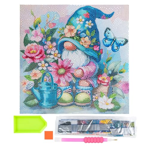 Ideen mit Herz Diamond-Painting-Motivleinwand auf Keilrahmen | 30 cm x 30 cm | Set inkl. Werkzeug (Wichtel mit Blumen) von Ideen mit Herz