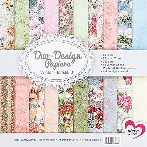 Ideen mit Herz Duo-Design-Papiere | 20 Blatt Bastelpapier | Tonkarton | bunt | floral | 25 x 25 cm | 250g/m² | beidseitig bedruckt | Motivpapier | ideal für Scrapbooking, Basteln (Winter Floristik 3) von Ideen mit Herz