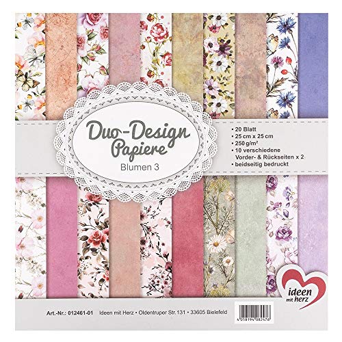 Ideen mit Herz Duo-Design-Papiere | Block mit 20 Blatt Bastelpapier | 25 x 25 cm | 250g/m² | beidseitig bedruckt | Designpapier, Motivpapier | ideal für Scrapbooking, Basteln (Blumen 03) von Ideen mit Herz